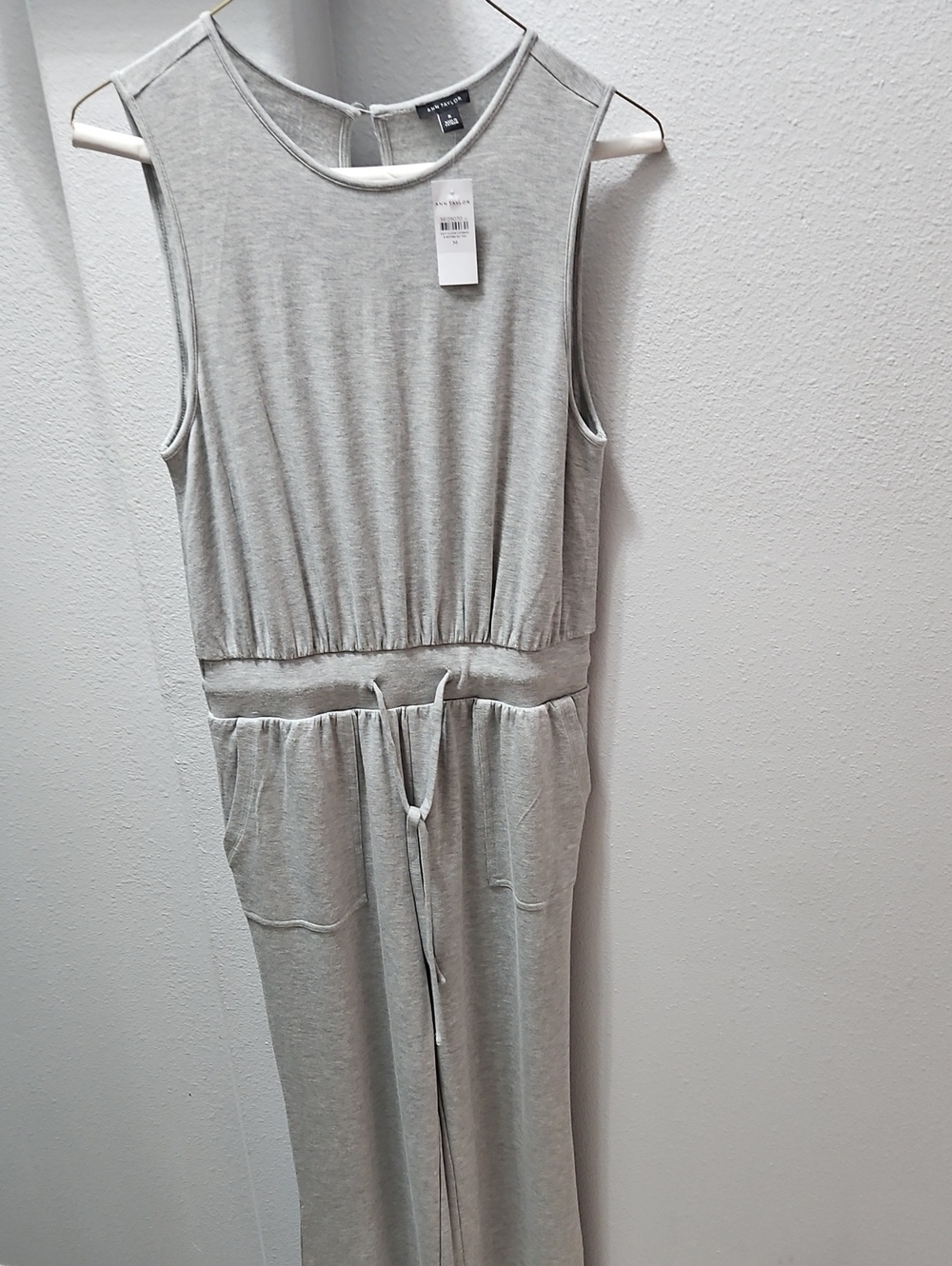 Ann Taylor Sleeveless Drawstring Jumpsuit in Light Gray